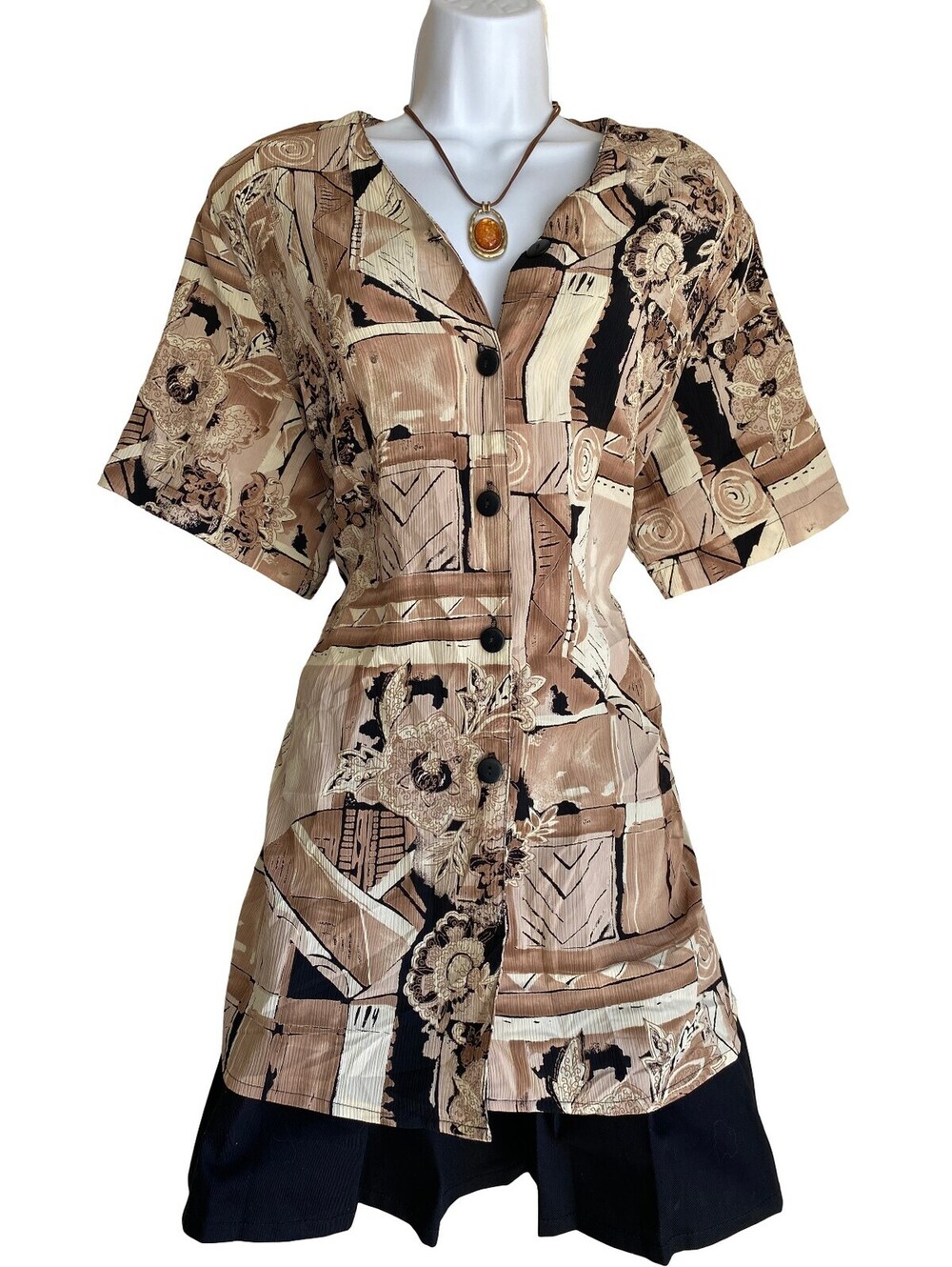 Vintage Allison Daley Plus 16 Beige Abstract Print Tunic Blouse Button Up Boho